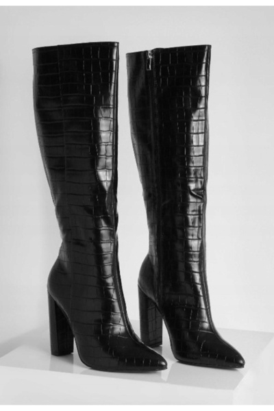 NO BRAND Boohoo 38 Cizme negre din piele lăcuită cu model crocodil, cu vârf a...