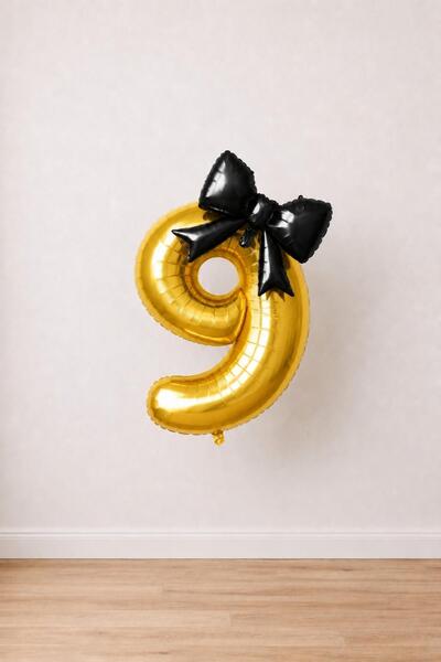 Patladı Gitti Black Bow & Gold 9 Number Foil Balloon Set