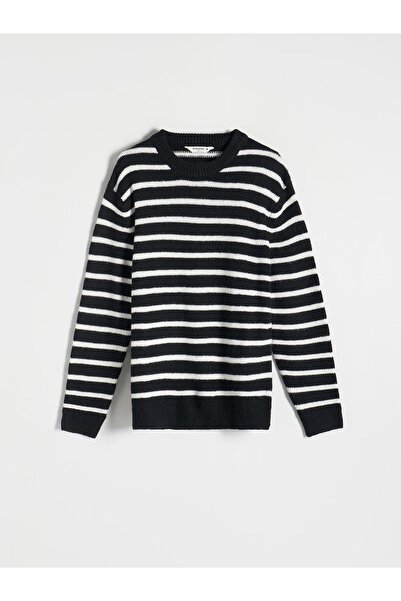NO BRAND Pulover tricotat negru, lejer, cu dungi albe, mâneci lungi, XXL