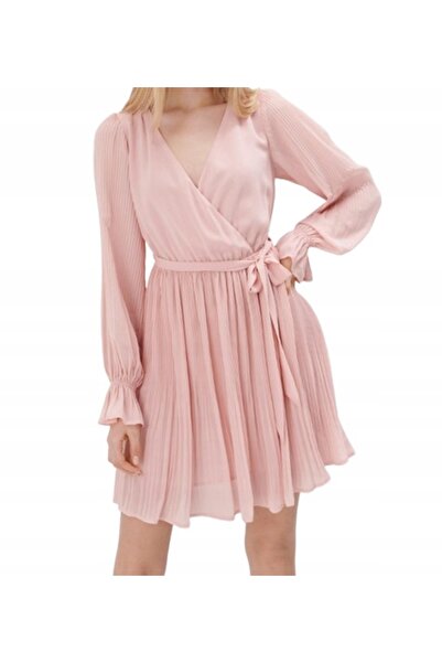NO BRAND Rochie mini plisată roz, cu mânecă lungă și guler petrecut 38