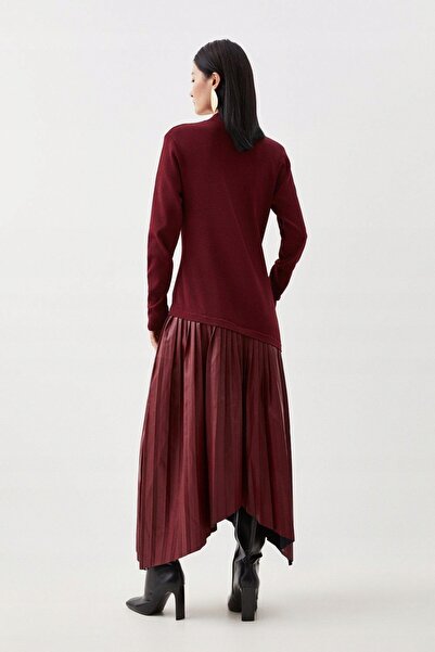NO BRAND Rochie bordo cu decolteu în V, mâneci lungi, din tricot și piele eco...