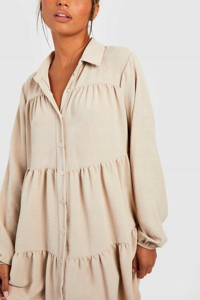 NO BRAND Rochie cămașă clasică bej cu mâneci lungi și guler Boohoo 38