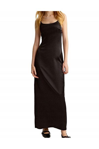 NO BRAND Rochie Midaxi din satin negru cu bretele, netedă, clasică, House L