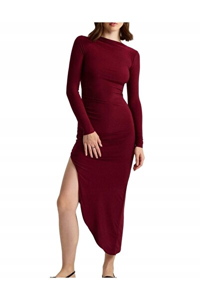 NO BRAND Rochie bordo asimetrică cu mâneci lungi și volane, Classic Reserve L