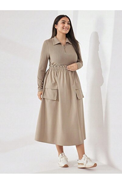 NO BRAND Rochie maxi clasică bej cu imperfecțiuni, cu buzunare, tricotată, Sh...