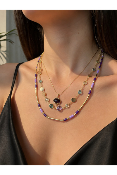 ANKA JEWELLRY قلادة نسائية من الفولاذ بطبقات متعددة مع تفاصيل من الحجر الطبيع...