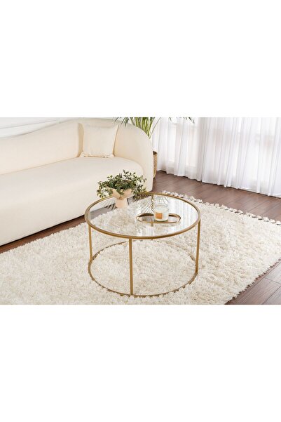 Rani Mobilya Rani Home Orta Sehpa Gold Metal Ayaklı Düz Cam 80 Cm AB-5379