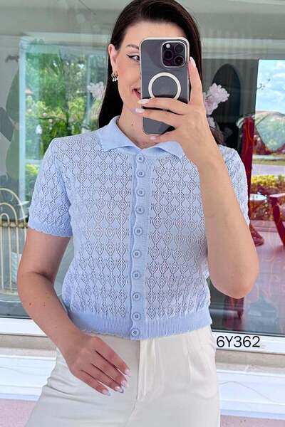 İnce Topuk Polo Collar Openwork Knitwear Cardigan 6Y362