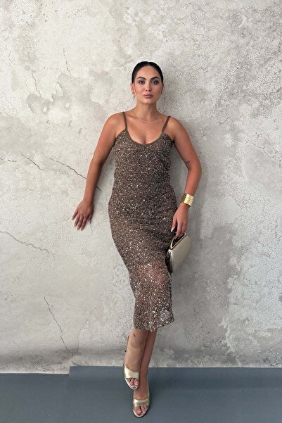 Elbee Fashion Woman Καφέ φόρεμα με τιράντες