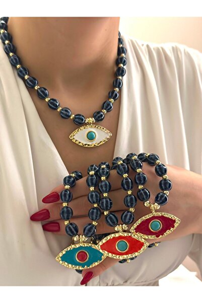 BYYEŞO Eye Detail Bead Necklace (Steel) Blue