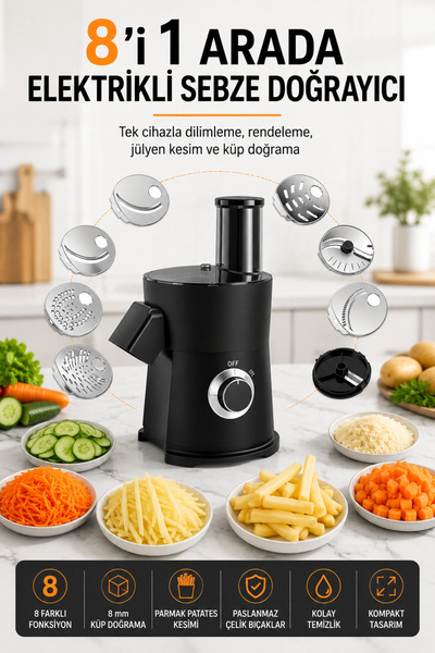 ROBO Elektrikli Sebze Meyve Doğrayıcı – 8 mm Küp Doğrama, 7 Kesim Aparatı, 65...