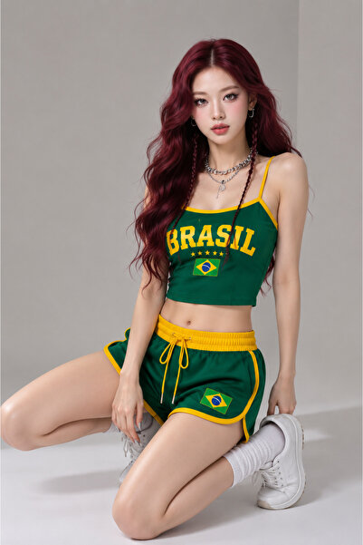 DEEFWEAR Kadın Brasil Crop Atlet ve Şort Takımı Y2K Streetwear Yazlık İkili T