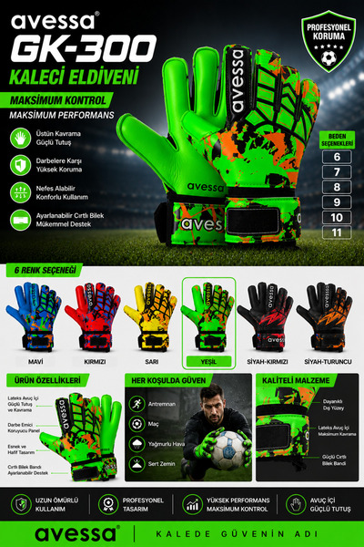 Tosima GK-300 Profesyonel Kaleci Eldiveni Latex Avuç İçi Futbol Kaleci Eldive...