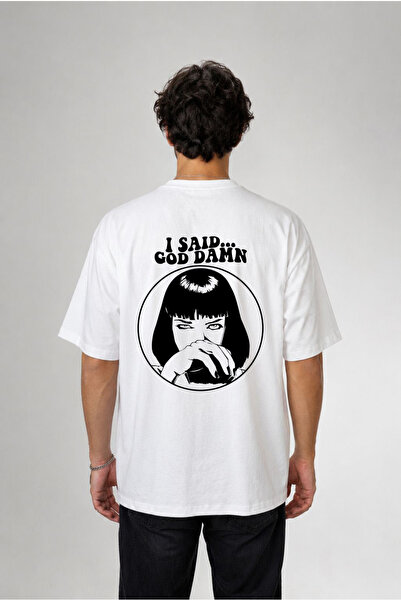 cesita Pulp Fiction Printed Oversize Cotton White T-Shirt
