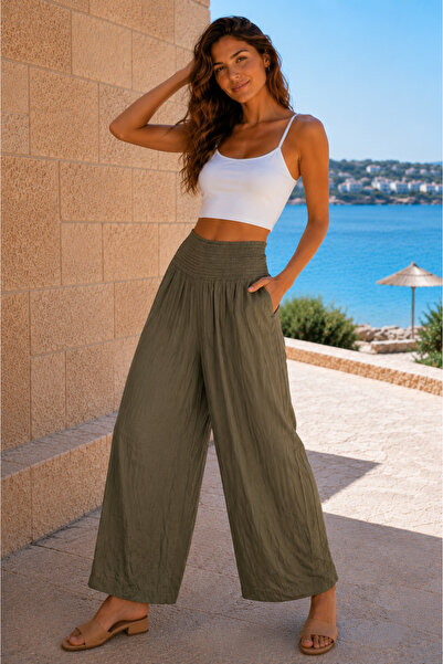 ABBRA Women's Wide-Leg Pants with Thick Elastic Waistband