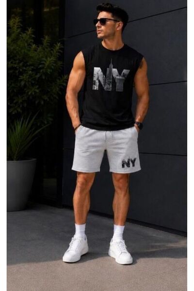 ALCİNOUS Cotton Printed Black Sleeveless Sports Tank Top and Gray Shorts 2-Pi...