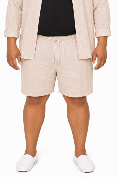RELAXL Battal Size Men's Beige Muslin Shorts 100% Cotton Above Knee Comfortab...