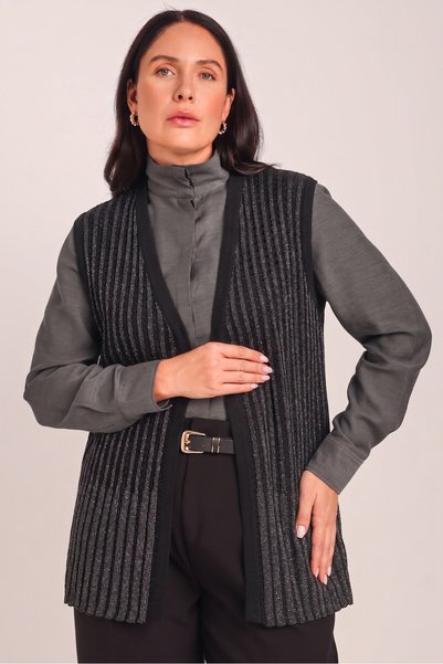 Uludağ Triko Women's Black Glittery Knitwear Openwork Woven Seasonal Vest