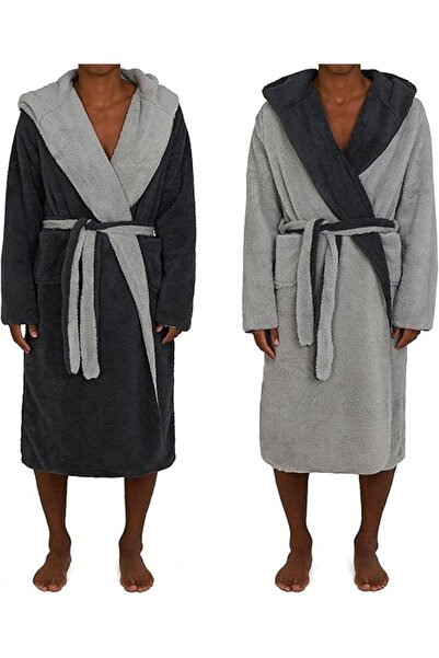 JEMIDI Halat de baie reversibil pentru bărbați, XL, Gri / Albastru, Poliester...