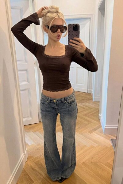 DAMGA JEANS Γυναικεία δαντελωτή καφέ καλοκαιρινή μπλούζα που αγκαλιάζει το σώμα