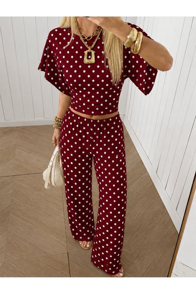 HIMMELDUF Women's Polka Dot Two-Piece Set Crop Blouse Wide-Leg Pants