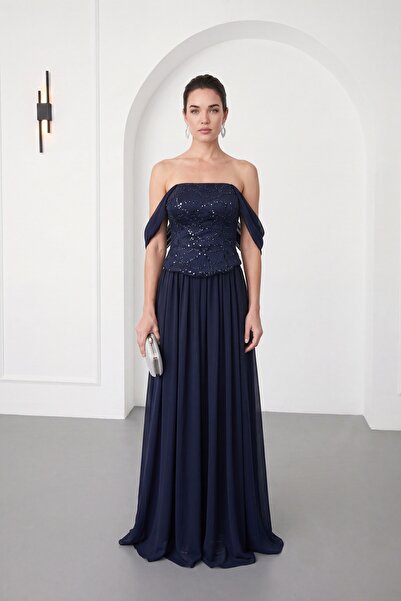 Lafaba Women's Navy Blue Boat Neck Long Promise Engagement Flared Evening Dress
