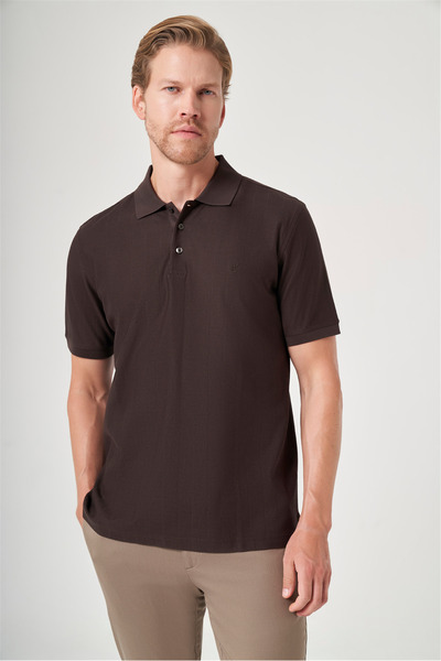 İmza Brown Polo Collar Short Sleeve Pocketless Comfort Fit 100% Cotton T-Shir...