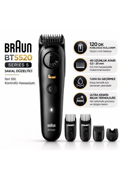 Braun Sakal Düzeltici Series 5, +4 Aksesuar, 40 Uzunluk, Keskin Bıçak, BT5520