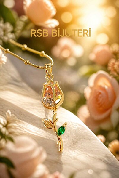 RSB Bijuteri ve Aksesuar Kolye Çiçek Altın Kaplama Zirkon Taş 316 L Çelik + H...
