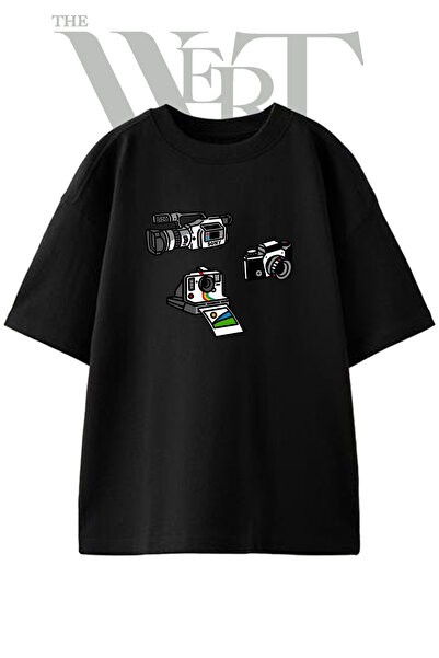 THEWERT Μπλουζάκι Unisex με στάμπα ρετρό σχεδίασης κάμερας, μαύρο, oversized