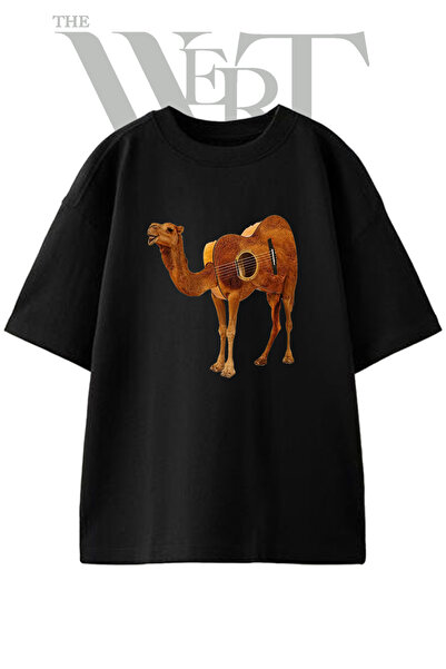 THEWERT Μπλουζάκι Unisex Μαύρο Oversize με στάμπα σχεδίου κιθάρας Camel