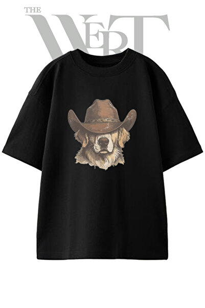 THEWERT Cowboy Dog Design Printed Unisex Black Oversize T-Shirt