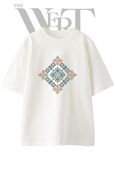 THEWERT Cross Stitch Pattern Design Printed Unisex White Oversize T-Shirt