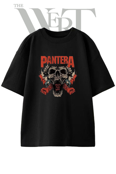THEWERT Pantera Skull Design Printed Unisex Black Oversize T-Shirt