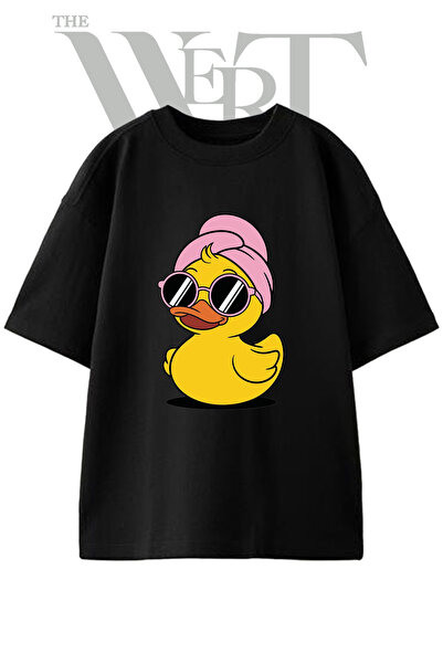 THEWERT Μπλουζάκι Unisex με στάμπα Spa Duck Design, μαύρο, oversized
