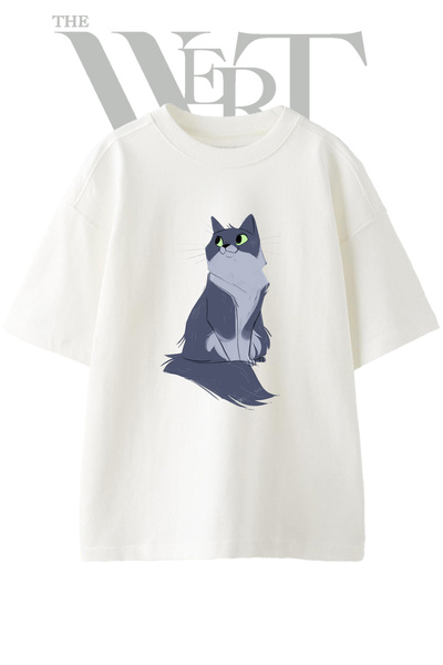 THEWERT Tricou oversize alb unisex cu imprimeu cu design de pisică de desene ...