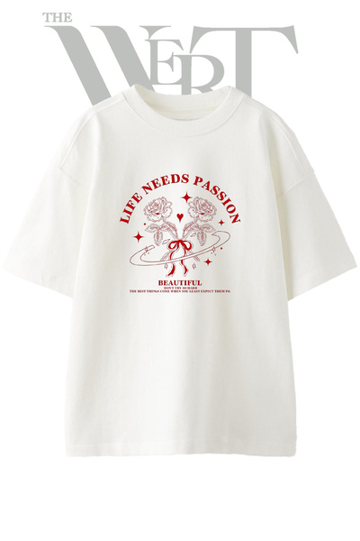 THEWERT Guller Ribbon Design Printed Unisex White Oversize T-Shirt