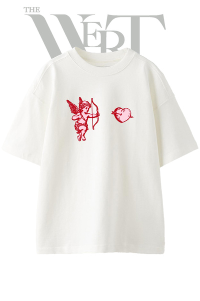 THEWERT Tricou oversize alb unisex cu imprimeu Cupid Heart Design
