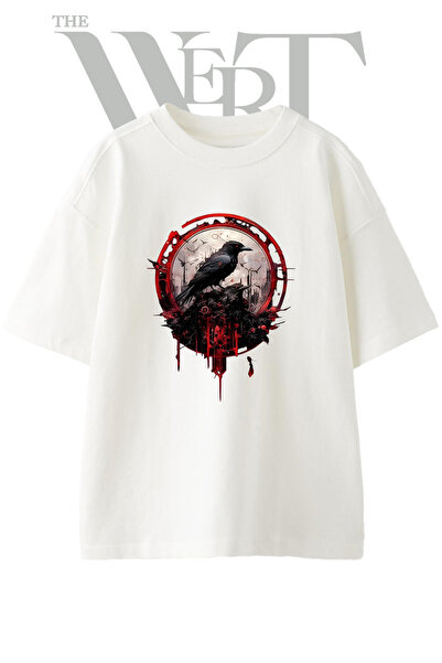 THEWERT Tricou oversize alb unisex cu imprimeu Kuzgun Gothic Design