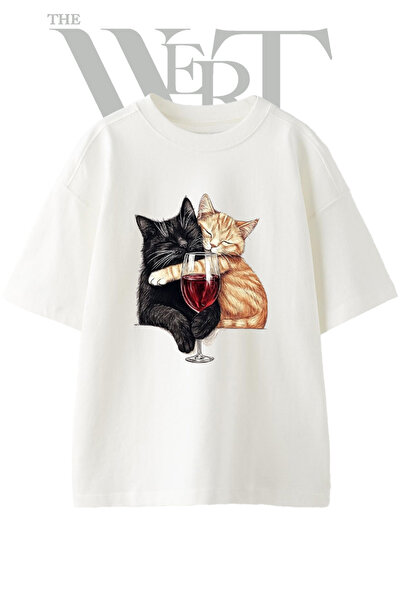 THEWERT Cat Hugging Design Printed Unisex White Oversize T-Shirt