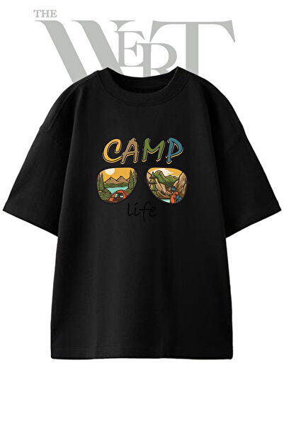 THEWERT Camp Life Design Printed Unisex Black Oversize T-Shirt