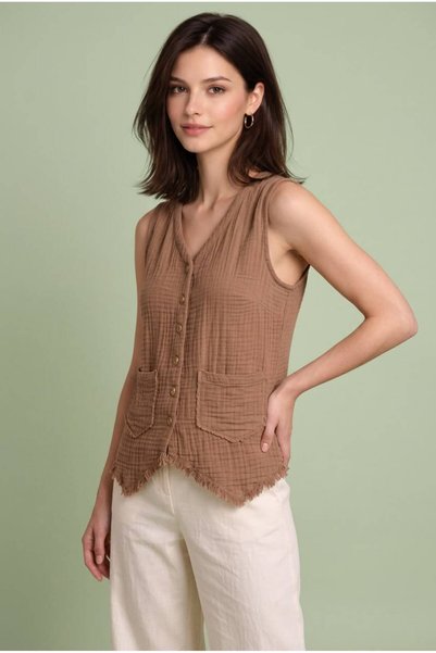 EGE OTANTİK BULDAN Women's 100% Cotton Muslin Buttoned V-Neck Tassel Vest with Inverted Stitching
