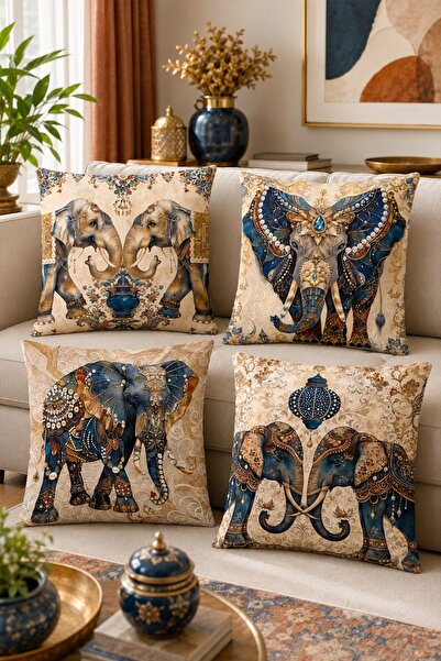EVPANYA Set of 4 Cushion Covers with Pearl and Elephant Pattern