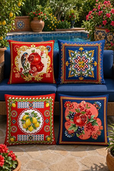 EVPANYA Set of 4 Cushion Covers with Pomegranate, Lemon and Bird Patterns