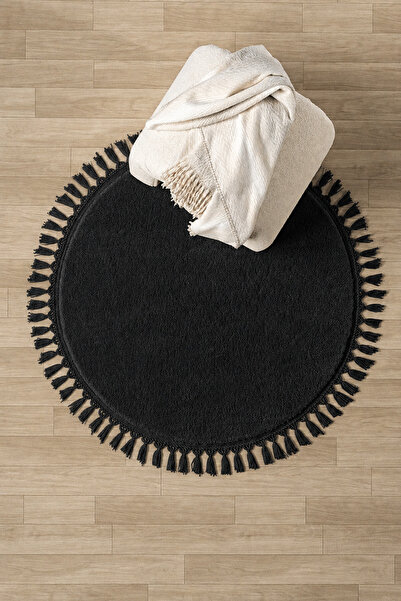 Sarar Round Knitted Fringed Plush Post Washable Non-Slip Base Carpet Rug Black
