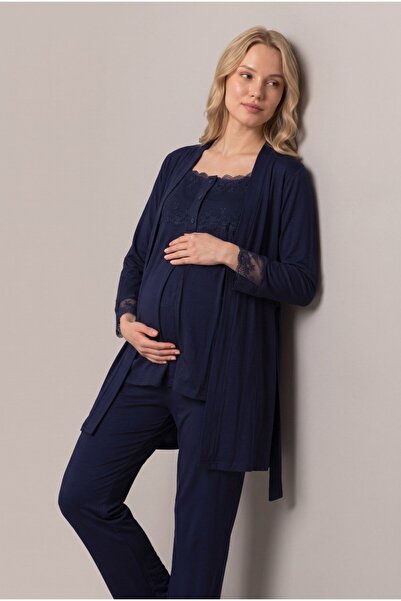 LOHOUSE Women's Navy Blue Lace New Season Maternity Pajama Set with Nursing F...