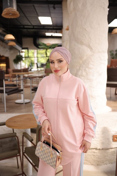 MİMİ Luxury Wear Women's Zippered and Double Stripe Detailed Hijab Tracksuit Set - Two-Piece Sports Set