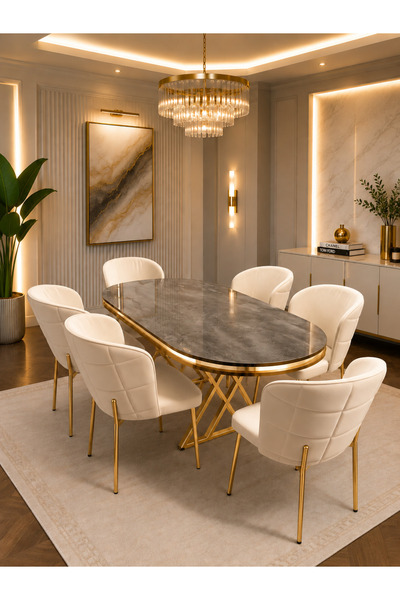 Concept Ayz Home Pera Gold Serisi 6 Kişilik Krem Kumaş 90*168 İrony Lake Pane...