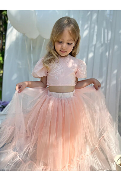 Little Ya Ya Love Girl's Salmon Embroidered Backless Crop Top and Skirt Set