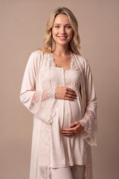LOHOUSE Women's Ecru Lace Maternity Pajama Set with Nursing Features and Adjustable Elastic Belt